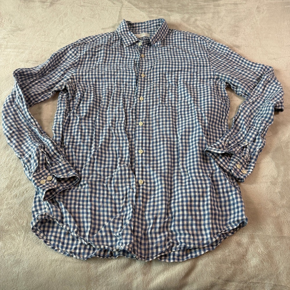 Uniqlo Mens Large Blue White Gingham 100% Linen Long Sleeve Button Down Shirt